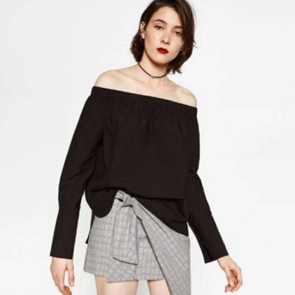 Zara Tops - Zara Black Off the Shoulder Button Cuff Long Sleeve Blouse M
